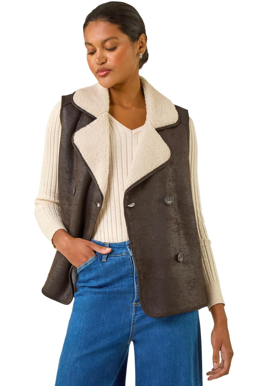 Roman Originals Women's Brown Borg Waistcoat For Uk - Everyday Autumn Winter V-Neckline Comfy Soft Evening Vacation Work Party Night Out - Size 10