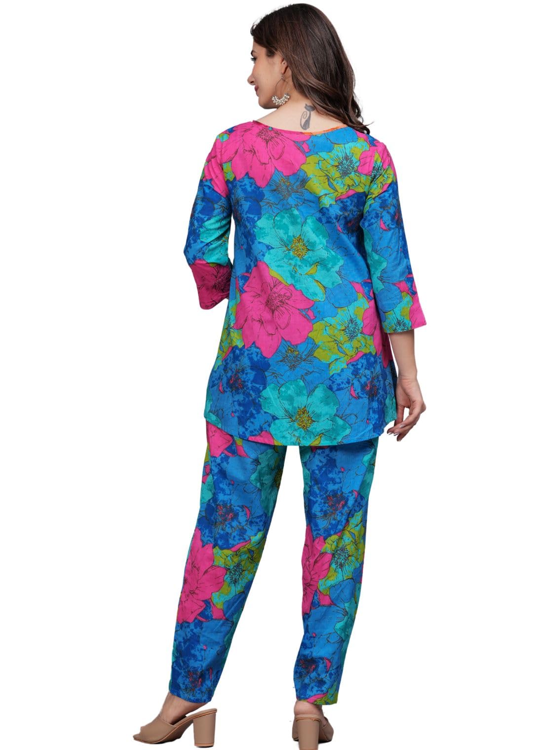 Rytras Women's Pure Cotton Printed Straight Kurta Set With Palazzo Pants - Ethnic Wear, Blue(Ryt606-New,L)