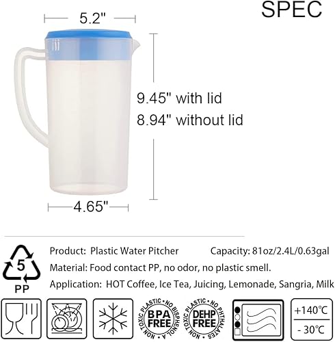 Miniatura 2 de Jarra de agua de plástico de 81 oz2.4 litros0.63 galones con tapa, sin BPA, jarra de agua para bebidas calientesfrías y té helado (verde, 128 onzas)