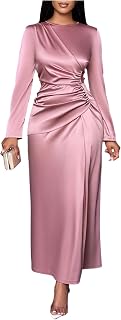 Women's Satin Ruched Long Sleeve Crew Neck Cocktail Party Bodycon Maxi Dress