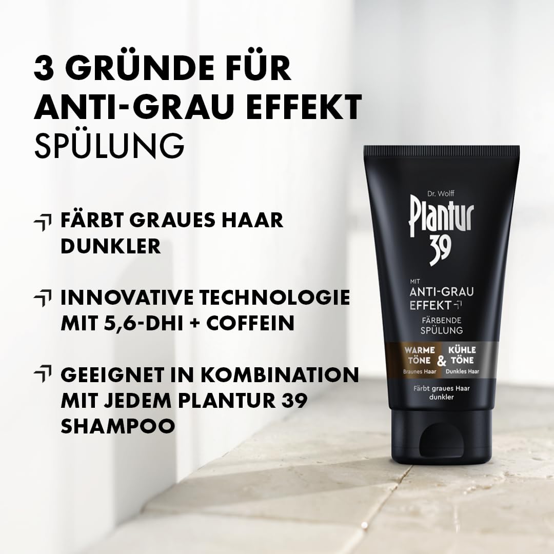 Plantur 39 Après-shampoing anti-gris colorant 2 x 150 ml – Après-shampoing pour cheveux plus foncés – Masque en douceur les cheveux gris – Après-shampoing colorant permanent