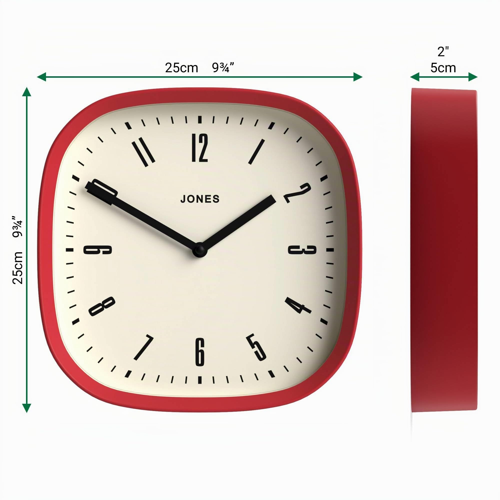 Jones Clocks® Marvel Orologio a parete | Orologio quadrato moderno retro arrotondato | 25cm | Rosso | Look di design interessante per cucina, soggiorno o ufficio