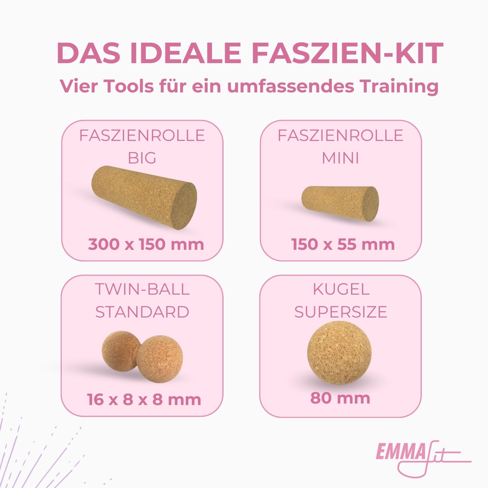EMMAfit Kork Faszienset I Set aus 2x Faszienrolle + 1x Faszienball + 1x Twin-Ball I Set für Triggerpunkt-Massage & Faszientraining I hygienisch & umweltfreundlich I Selbstmassage-Set aus Kork