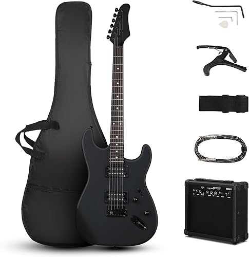 Ktaxon Kit de guitarra eléctrica de 6 cuerdas, 39 pulgadas H-H Pickups para principiantes con amplificador de 20 W, cejilla de guitarra, bolsa,