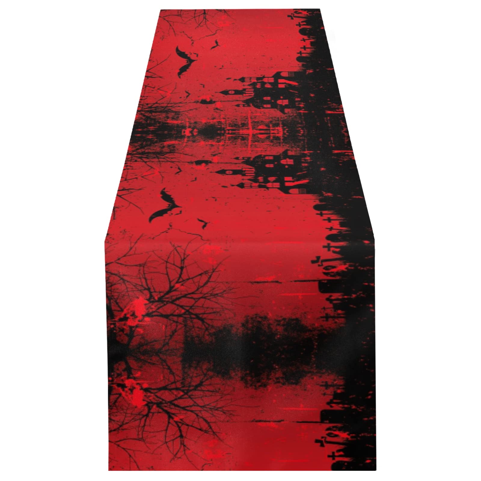 Poeticcity Multi 19 Grunge Style Halloween Red Blood Bats Castle Background 13" X 70" Rectangle Table Runner Long Tablecloth Placemat For Party Home Decor Indoor Outdoor Office Kitchen Dining Wedding
