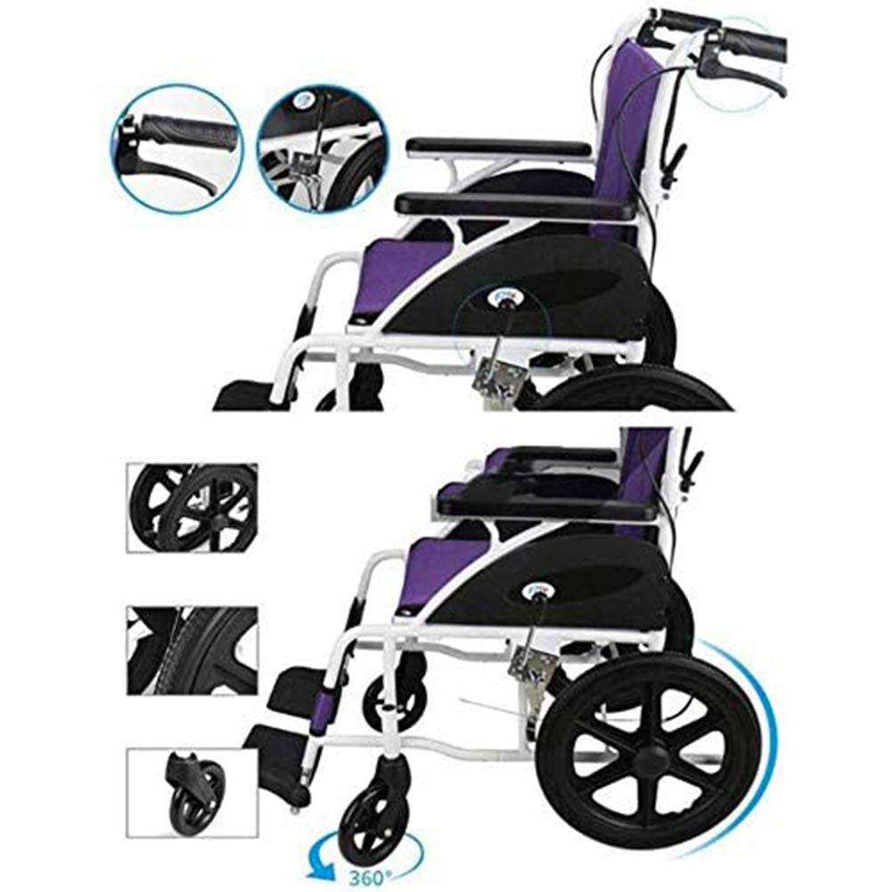 Silla de Ruedas Transit Sillas de Ruedas de Aluminio, de Estructura Liviana y Plegable con Frenos y Respaldo Plegable (Morado)