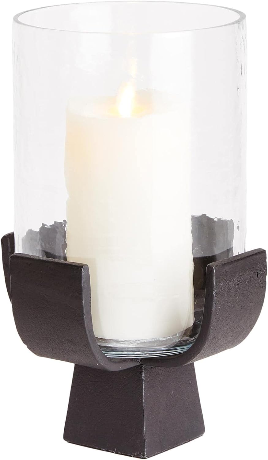 MY SWANKY HOME Minimalist Lodge Black Bronze Pedestal Candle Hurricane Cast Metal Pillar Holder