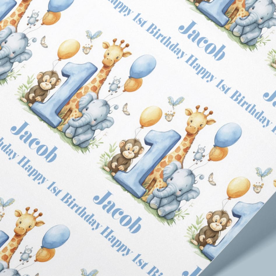 Personalised Blue Safari 1st Birthday Wrapping Paper | Any Name