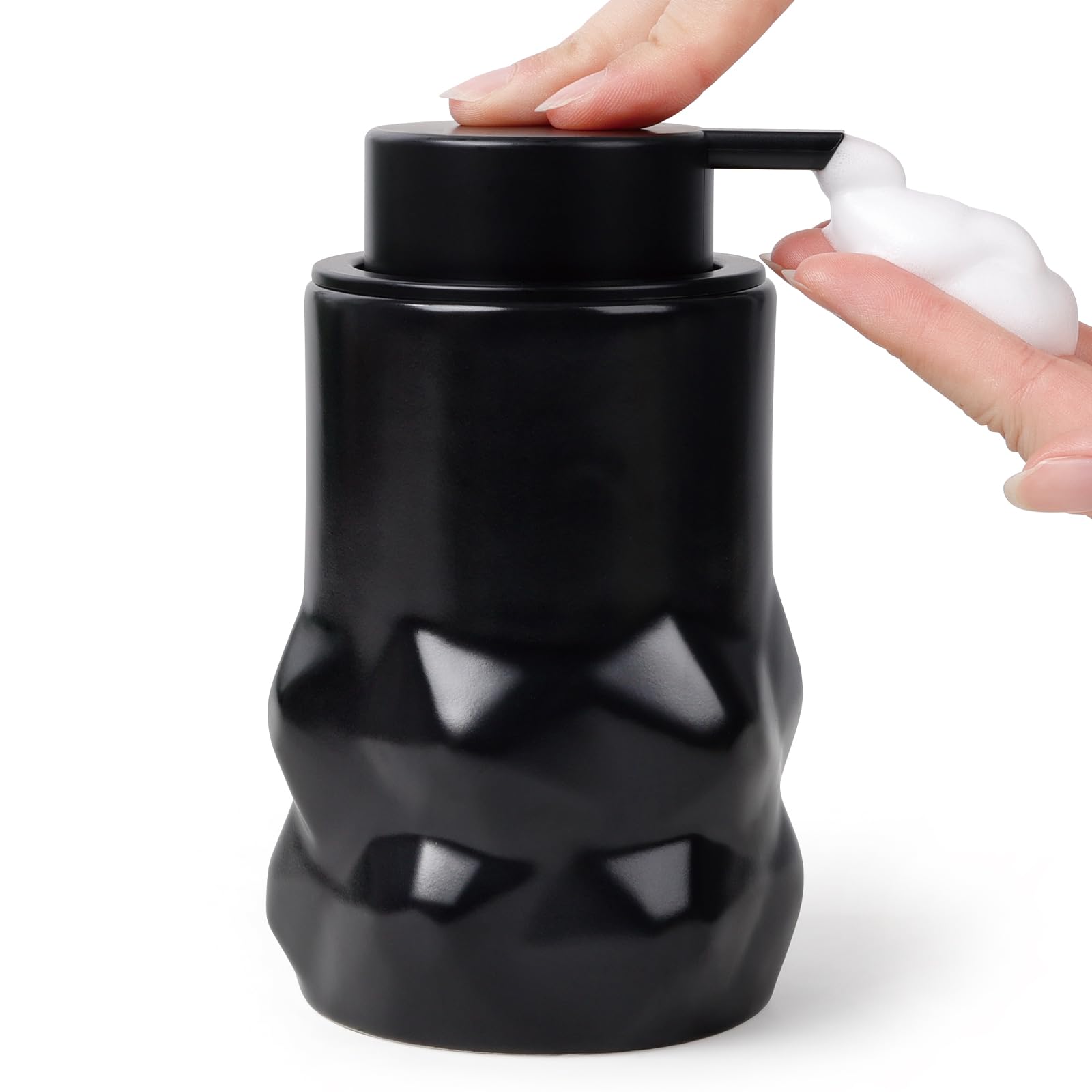 BosilunLife Hand Soap Dispenser - Foam Soap Dispenser Bathroom Ceramic Dish Liquid Soap Dispenser for Kitchen, Bathroom Countertop Soap Dispensers (Black-Foam-Sculpt)