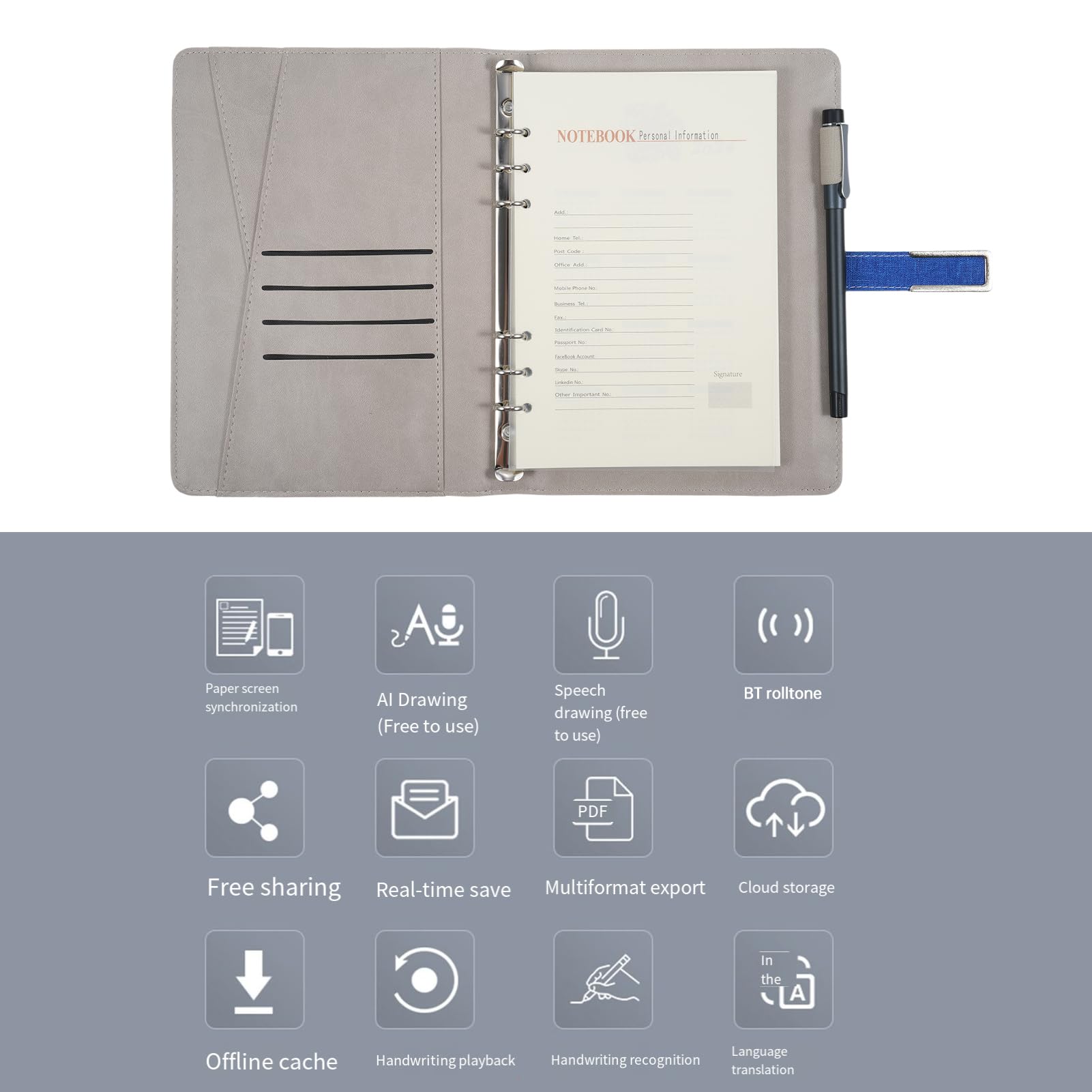 HUIOP Bolígrafo Inteligente,Cuaderno de Cuero A5 con bolígrafo Inteligente y Diario Rayado, planificador, sincronización en Tiempo Real para digitalización, Uso con aplicación, Voz a Texto,
