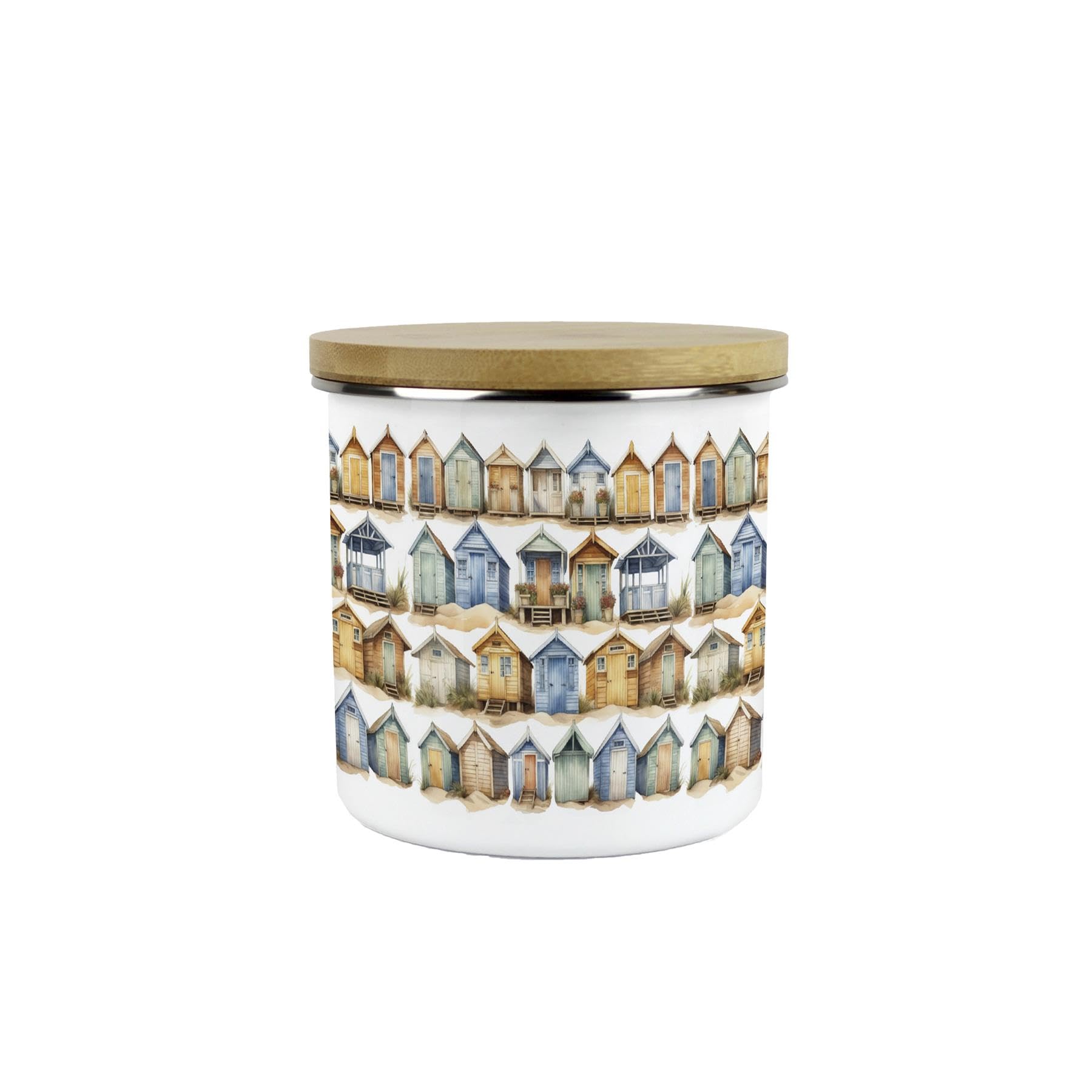 Purely Home Beach Huts Storage Canister - Seaside Beach Coastal Gift - Metal Enamel Kitchen/Bathroom Storage Container