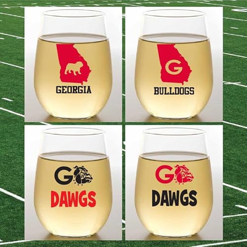 Wine-Oh! Set of 4 Shatterproof Designer 16 oz Plastic Wine Glasses MADE in the USA (GEORGIA BULLDOGS)