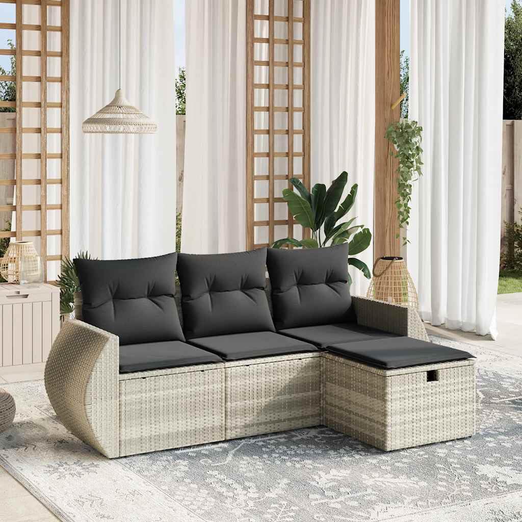 Canapé de jardin 4 pièces gris clair en polyrotin modulaire résistant aux UV