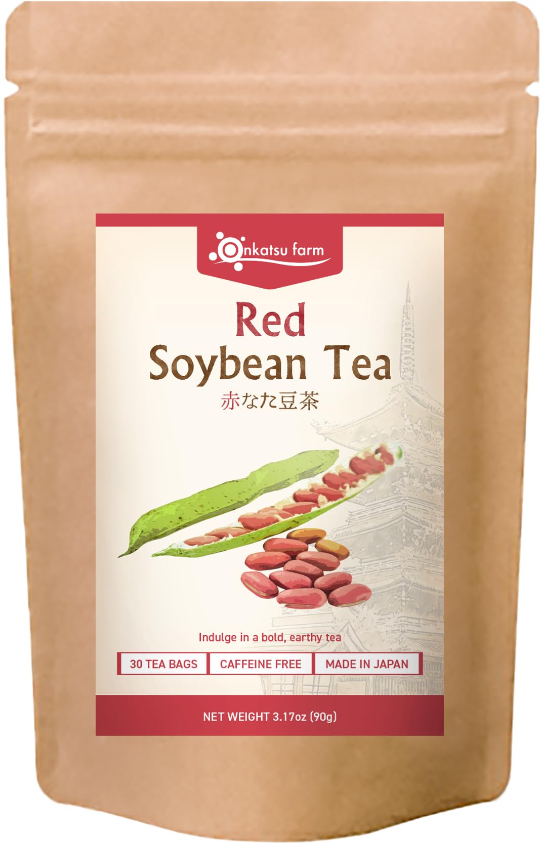 Onkatsu Farm Red Soybean Premium Japanese Tea Bags, Bold Earthy Flavor, Hot or Iced, Caffeine Free, 30 Total Tea Bags