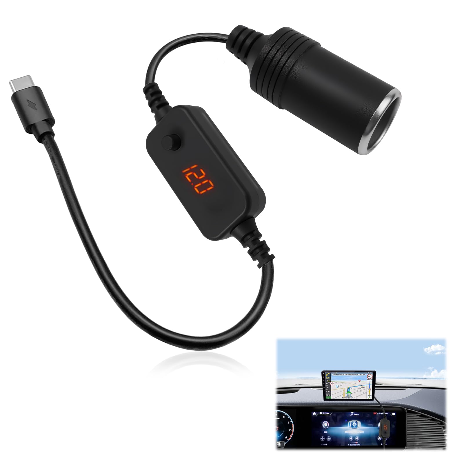 Spina USB C su presa accendisigari da 12 V, cavo adattatore con display voltmetro, tensione regolabile 5 V/9 V/12 V, protezione da cortocircuito e sovracorrente, adatto per GPS Dash Cam
