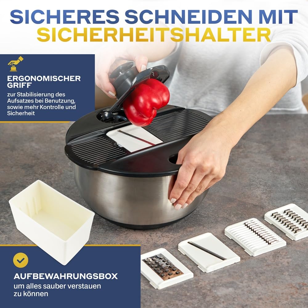Salatschleuder Edelstahl mit Schneidefunktion [5 Verschiedene Aufsätze] Eigelbtrenner, Salatschüssel, Edelstahlschüssel mit 5L Volumen, Spülmaschinenfest zum Kochen Backen und Schneiden