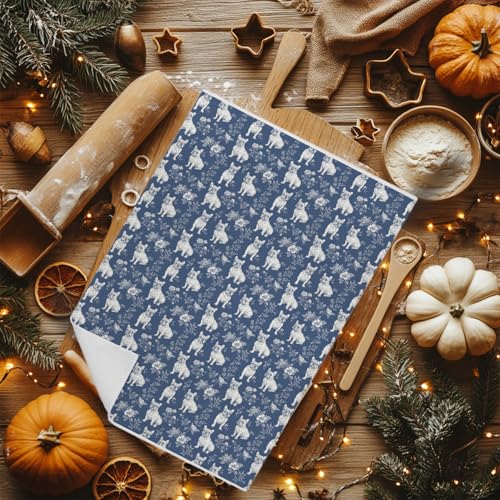 Image of Blue Chinoiserie French Bulldog Dish & Hand Towel, Dog Lover Gifts for Women Mom, Vintage Floral Dog Kitchen & Tea Towels for Kitchen Bathroom Decor, 16x24 Inch