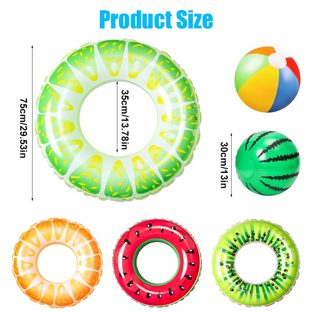 Neumáticos Hinchables de 75CM con Diseño de Frutas para Piscina, 4 Piezas con 2 Pelotas de Agua, Neumáticos de PVC para Niños y Adultos, Ideal para Playa, Piscina, Verano y Fiestas, Diseños de