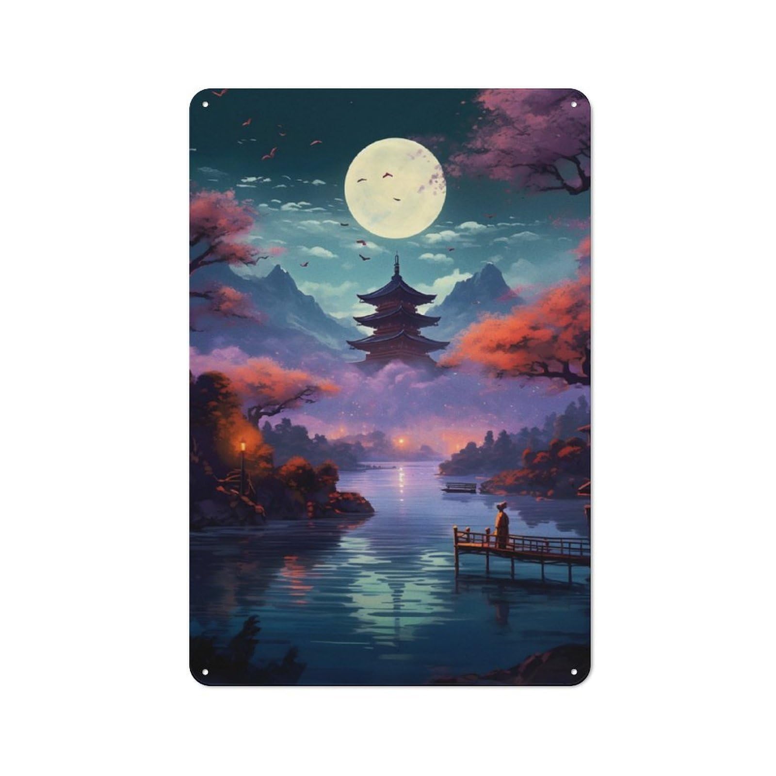 Junmoney Beautiful Night The Lake Industrial Decorative Metal Plaque 30X20cm, Studio Wall Art For Flat, Bar, Studio Or Gallery Wall