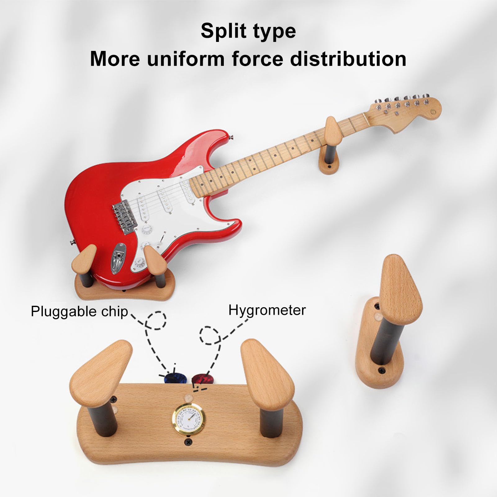 Hak gitarowy PolyGen Split Design z wyściółką EVA do użytku w domu/studio, solidny drewniany wieszak na gitarę do poziomego montażu ściennego gitar basowych/elektrycznych (With Hygrometer)