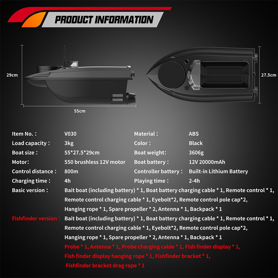 Barco de Cebo con GPS y Control Remoto para Pesca de Carpas, V030, 12 V, 20000 mAh, 800 m, Carga de 3 kg, con Retorno automático y Luces LED, Ideal para Lagos.