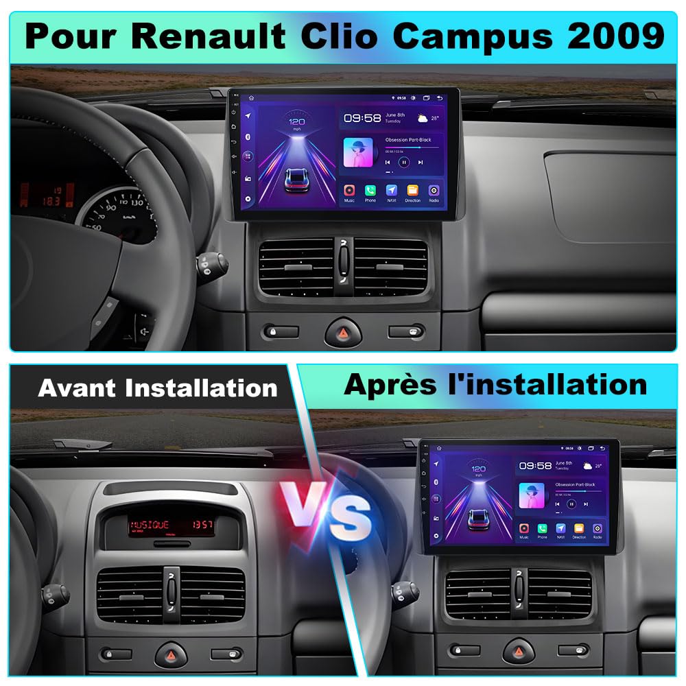 AWESAFE Autoradio pour Renault Clio 2 2000-2012/Clio Campus, 9 Pouces Écran Tactile 2Go+64Go avec CarPlay & Android Auto sans Fil, GPS WiFi Bluetooth FM/RDS DSP, Commandes au Volant