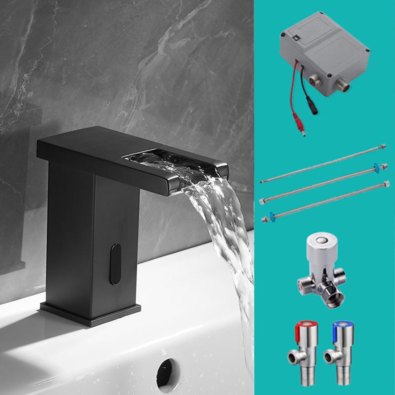 XJTNLB Wasserhahn mit Sensor Batterie Waschtischarmatur Sensor Wasserfall Waschbecken Armatur,Schwarz,Niedrig