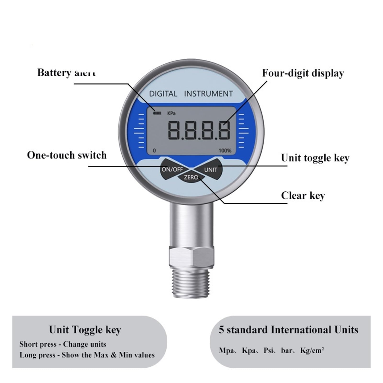 Digitales Manometer, G1/4 Hydrauliktester Messgerät NPT1-4 Öl-Luft-Vakuum-Manometer Digitales Manometer(0-1.6Mpa,Npt1-4 Radial)