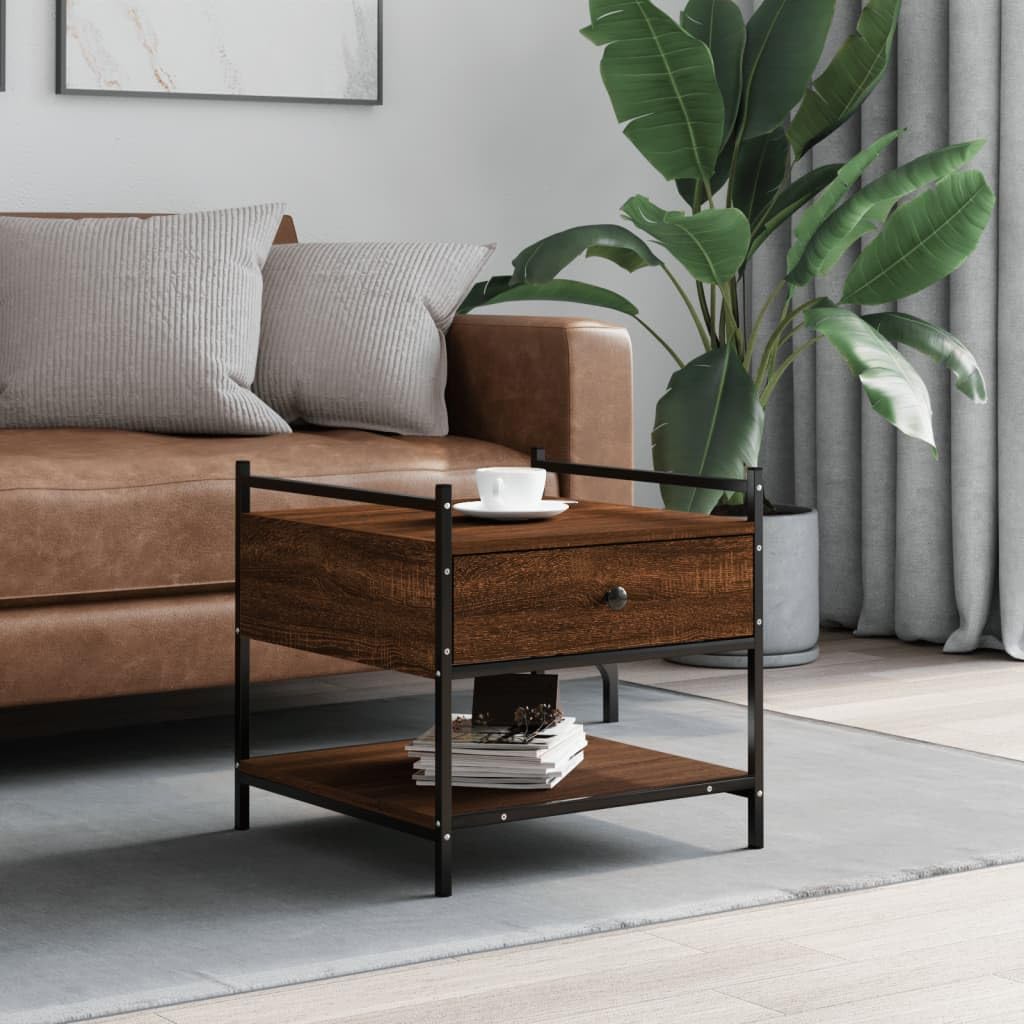 Mesa de café marrón efecto roble, 50 x 50 x 50 cm, material de madera, con espacio de almacenamiento, patas ajustables, mesa de salón estable para bebidas y aperitivos