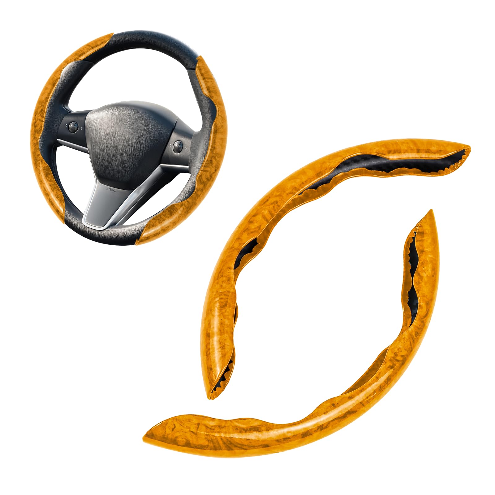Photo 1 of Wuyaoyao Car Wood Grain Steering Wheel Cover, Anti-Slip 2PCS Segmented Steering Wheel Protector, Anti-Skid Wheels Cover Universal Fit for Most Vehicles, Car Accessories for Women Men (Yellow)