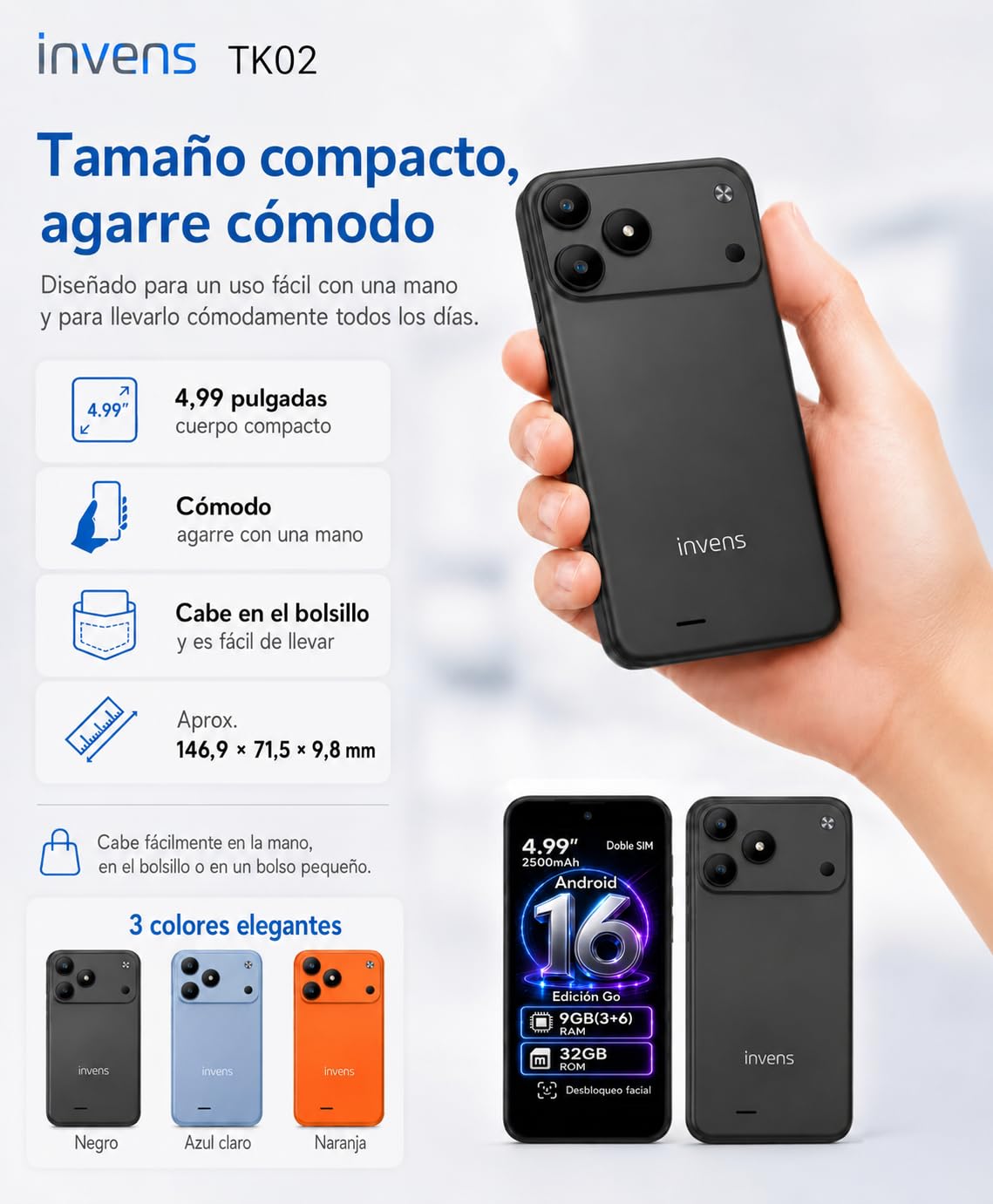 invens TK02 Telefonos Moviles Libres, 9(3+6) GB+32GB/128GB TF Teléfono Móvil, Android 16, 5'' HD+, 8MP+5MP Móvil, 2500mAh, Smartphone Triple 4G SIM GPS/OTG/3.5mm Jack Negro