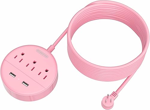 Miniatura 10 de NTONPOWER - Cable de extensión de 10 pies de largo con USB, estación de carga rosa NTONPOWER con 3 tomas de corriente y 2 USB, enchufe plano,