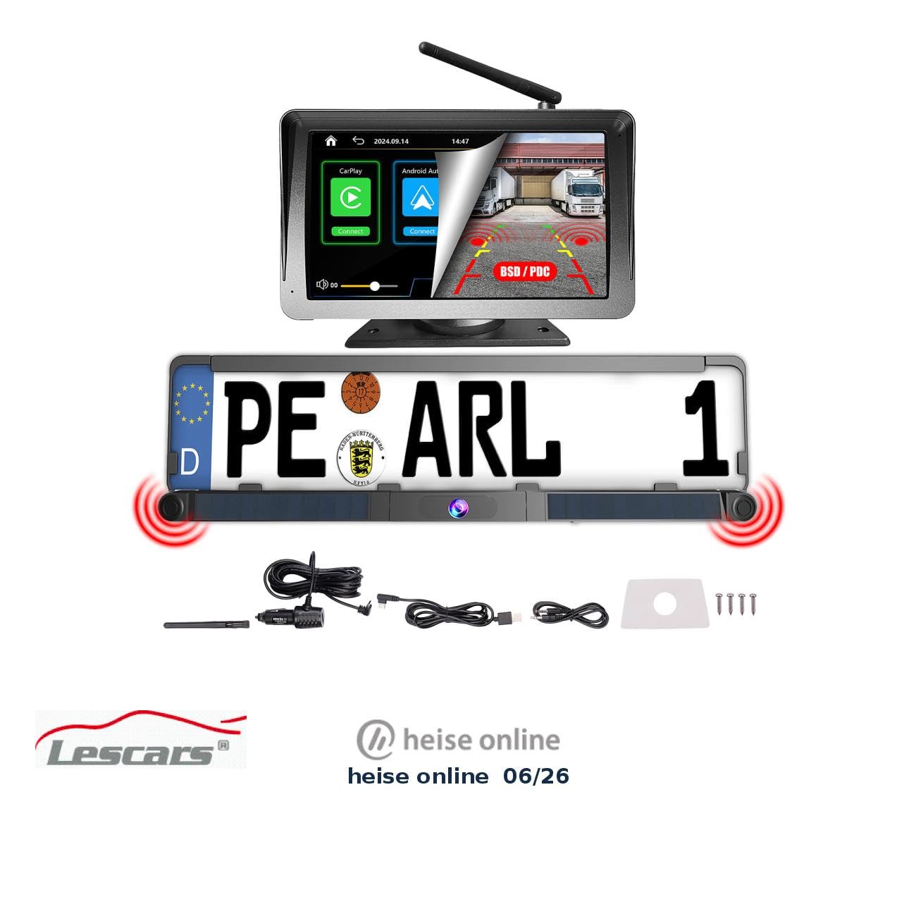 Lescars Einparkhilfe: Kabelloses Solar-Funk-Rückfahrkamera-Set, CarPlay-/Android-Auto-komp. (Abstandssensor & Rückfahrkamera, Carplay kompatible, Navi)