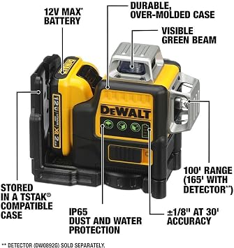 DEWALT Laser Level 360 Self Leveling, 3 Way Green Laser Leveler Tool 12V MAX with 2.0Ah Battery, Charger and Durable Carrying Case, 100 Ft, Tripod Compatible (DW089LG)