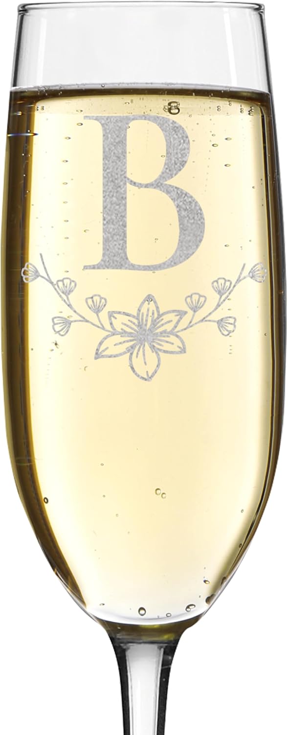 Floral Monogram Champagne Flute Glass 8 oz Laser Engraved Gift Box (M)