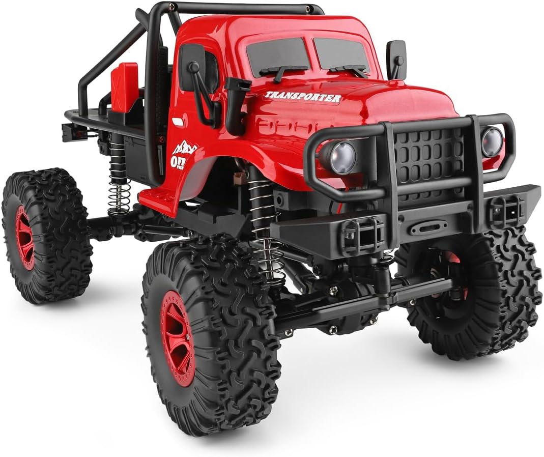 1:18 Scale Rc Rock Crawler, 2.4GHz 4WD High Torque Climbing Car with LED Lights, High Torque Brushed Motor, Real 2 Speed Transmission, All-Terrain Tires for Adults（Red）