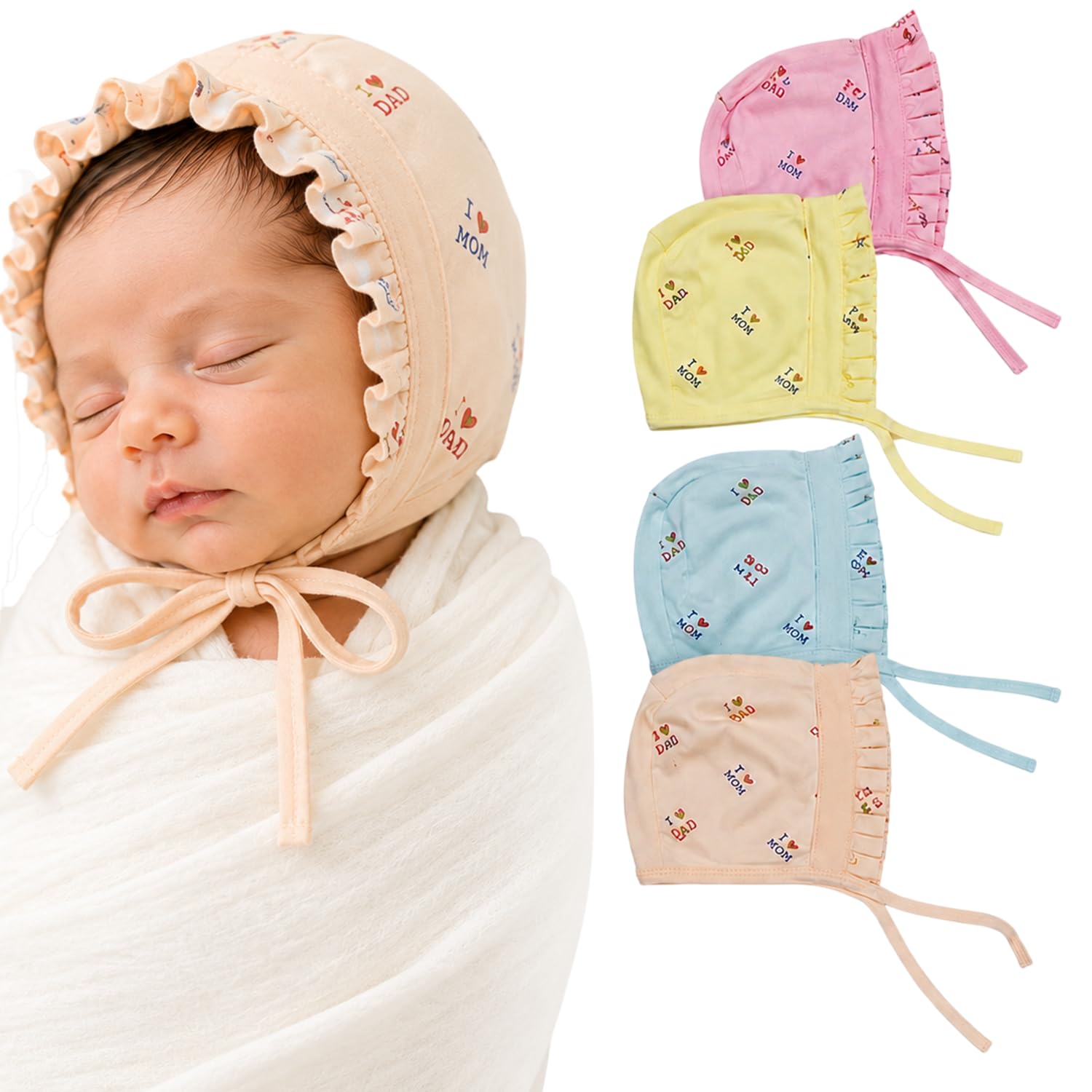 KmCho Baby Caps for Newborn Baby (0-3 Months) | Soft Cotton Infant Cap | Breathable Stretchable Beanie Hat for Boys & Girls | Gentle on Sensitive Skin | Daily Wear | Pack of 4-DN2 1