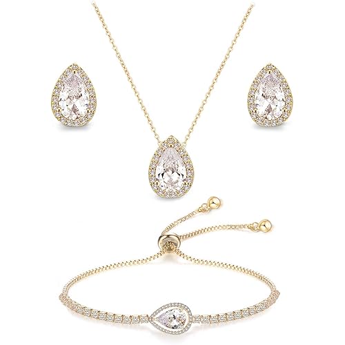 UDYLGOON Imitation Cubic Zironia Diamond Teardrop Earrings Necklace Bracelet Jewelry Set For Bride Bridesmaids Bridal Wedding Party Prom Jewelry Gift