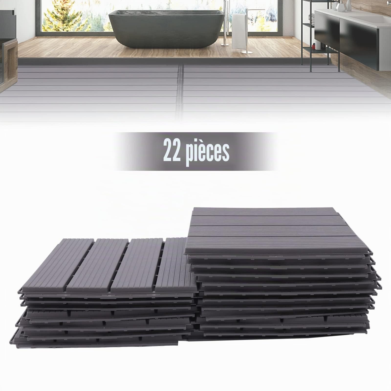 Lot de 22 dalles de terrasse en bois - 30 x 30 cm - 3,2 m² - Brun - Système à clic - Parquet avec système à clic - Imperméable - Antidérapant - Pour terrasse - Pour balcon - (Gris)
