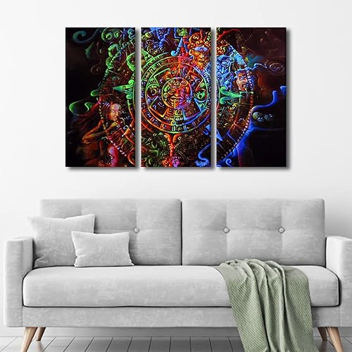 Miniatura 3 de TUMOVO Lienzo de la civilización maya para la sala de estar, calendario solar azteca, pintura moderna, colorida imagen del México antiguo para