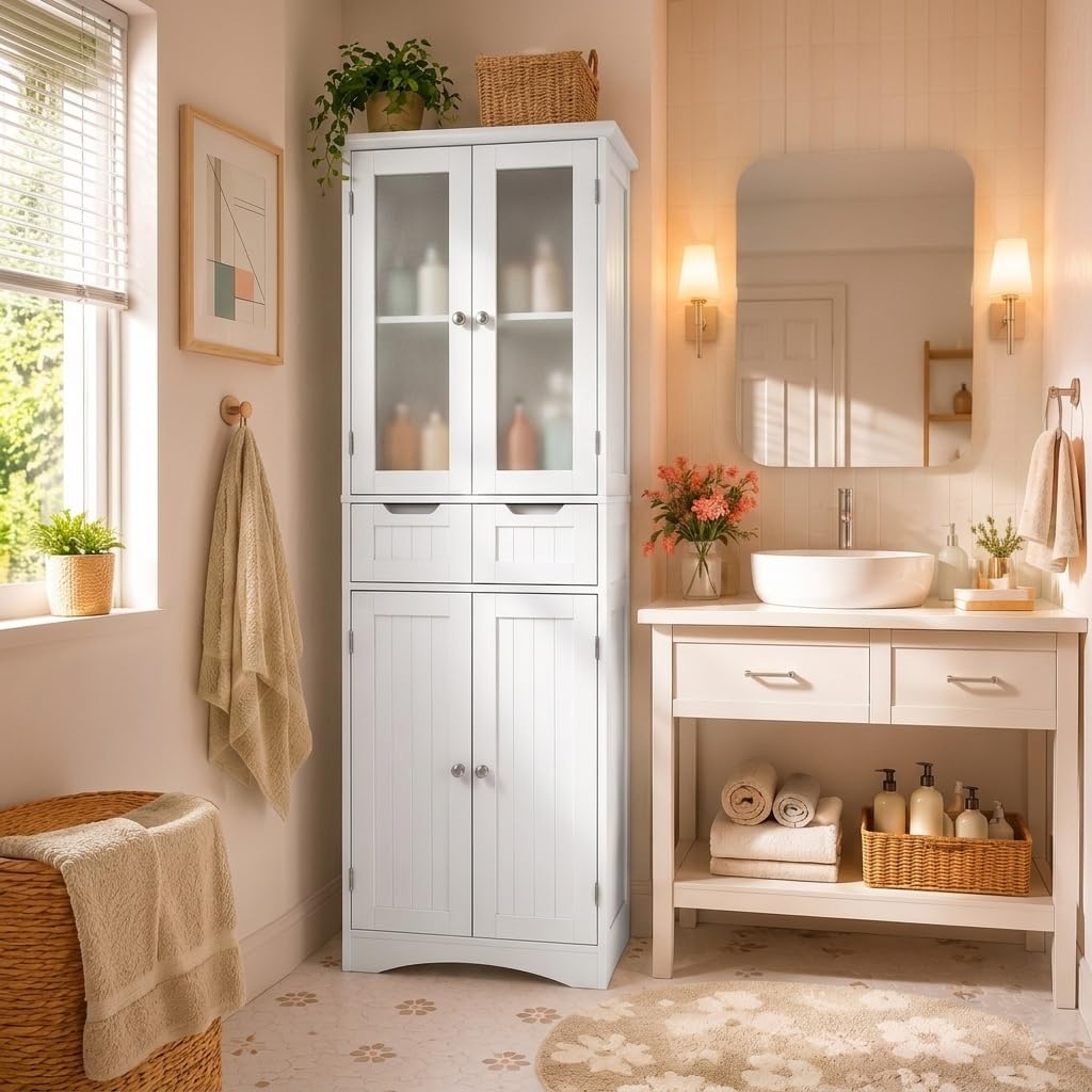 Xbro Armadietto da Cucina, Mobile bagno con 2 Armadi e 2 Cassetti, Mobile Cucina con Design Anti-Ribaltamento per Cucina, Soggiorno, Sala da Pranzo, Lavanderia (Bianco)
