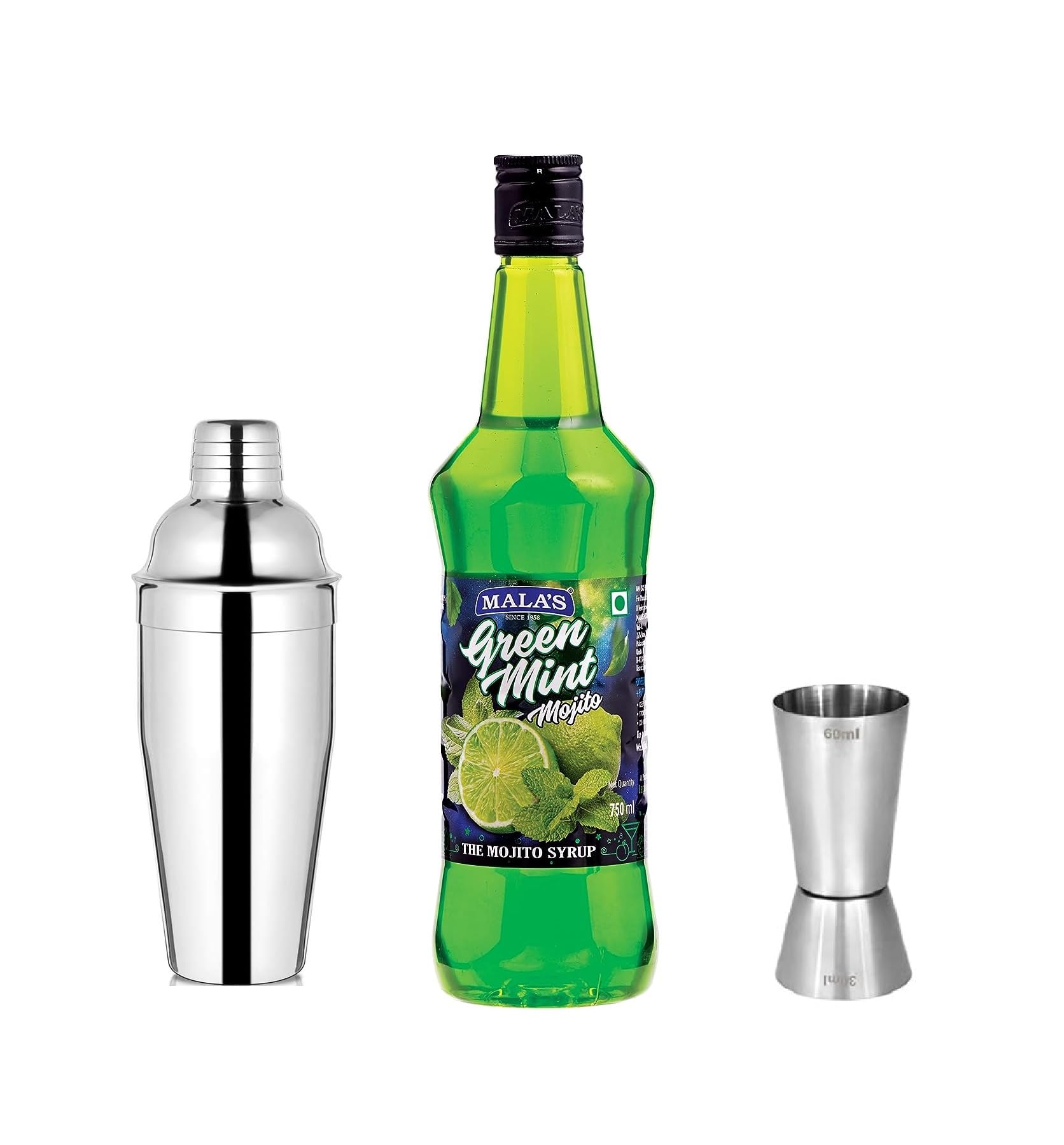 Mocktail Green Mint Syrup 750ml With Cocktail Shaker and Measuring Glass-image-49