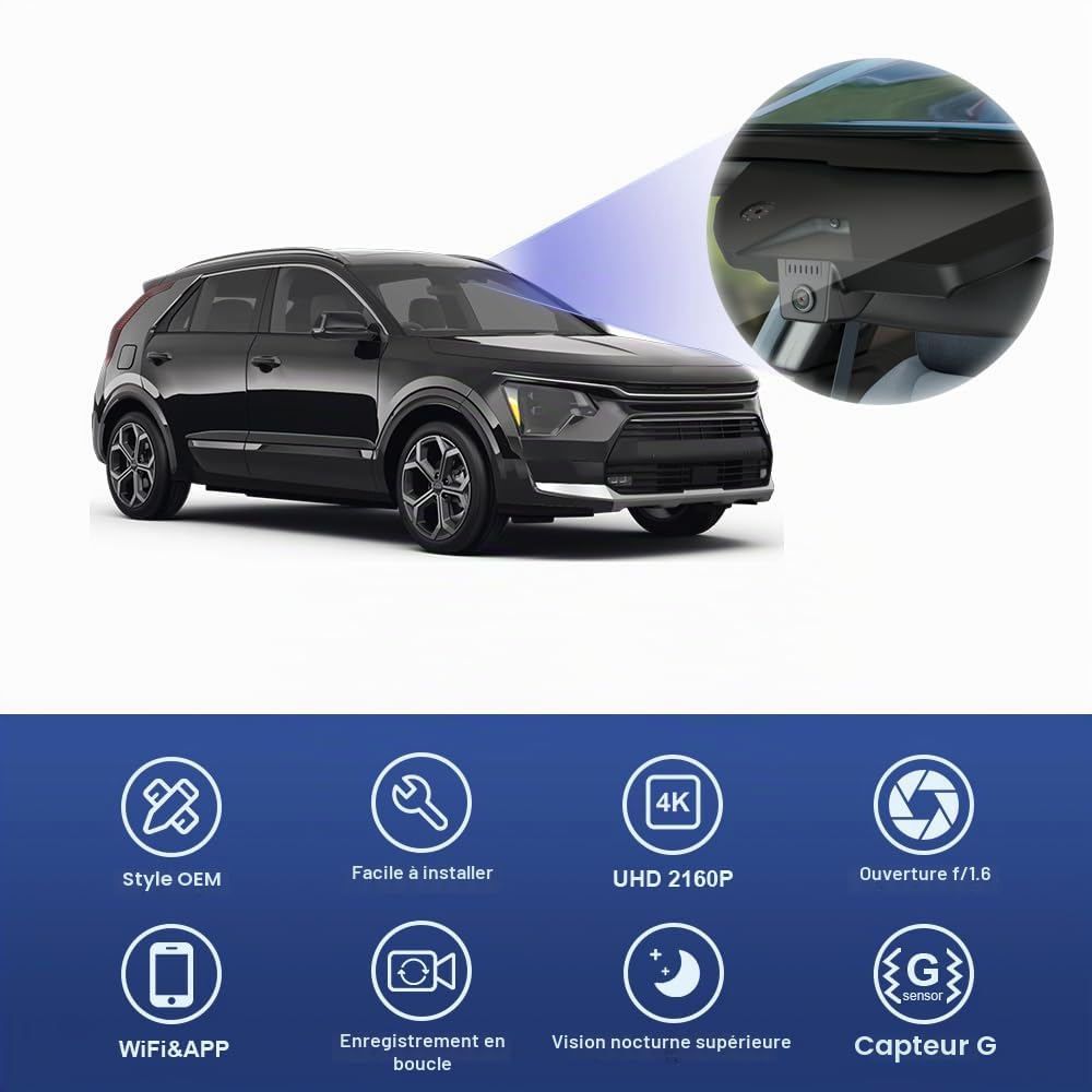 Fitcamx Dashcam Compatible avec Kia NIRO and NIRO EV 2023-2026 (HD2-AT100), Caméra de Voiture 4K OEM, WiFi Vidéo UHD 2160P, G-Senseur, Enregistrement en Boucle, WDR, Plug & Play, Carte 64 Go