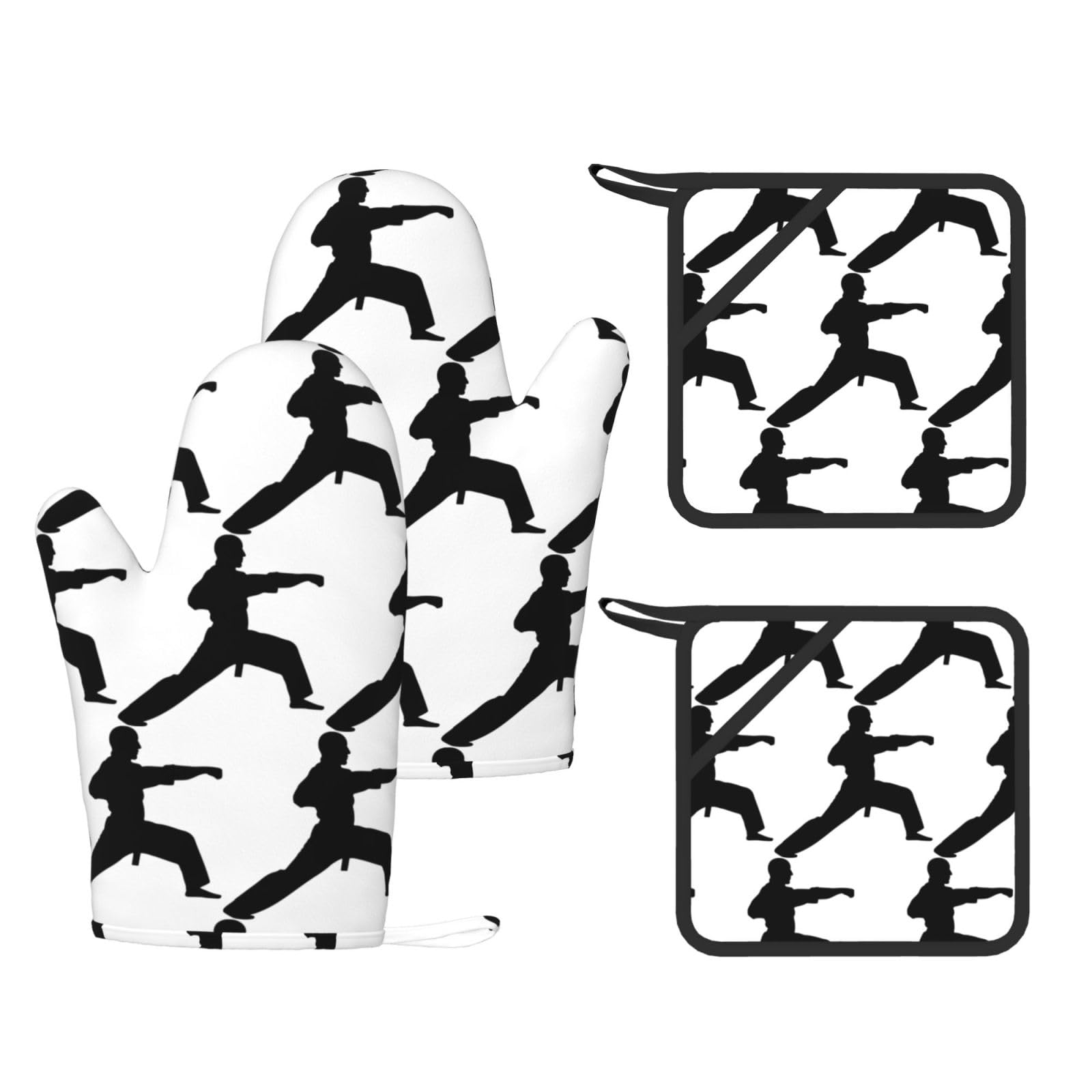 karate Printed Pot Holders and Oven Mitts 4-Piece, Non-Slip Kitchen Gloves with Utensil Pocket for BBQ