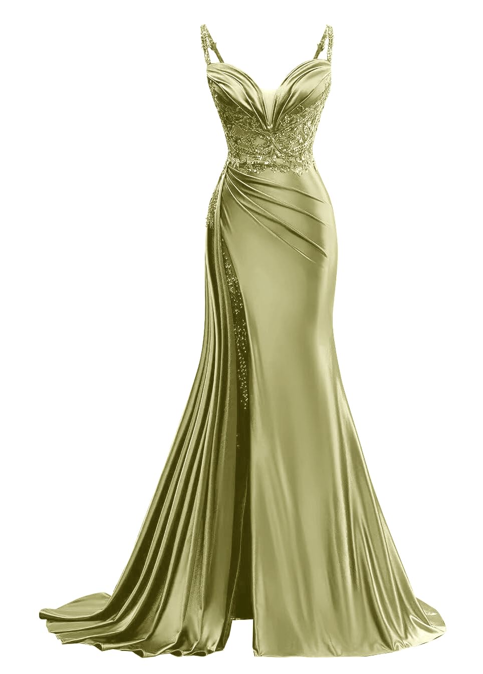 Spaghetti Strap Satin Prom Dresses Long V Neck Mermaid Evening Gown Corset Applique Formal Dress with Train