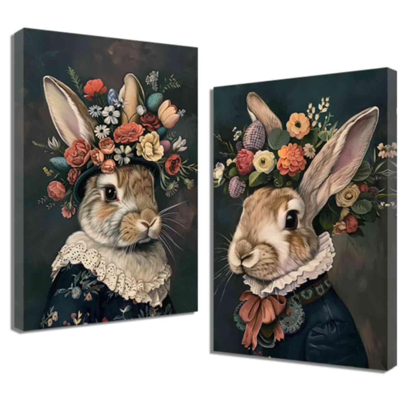 ZQQART Rabbit Canvas Wall Art 2 Pieces Vintage Bunny Flower Painting Cute Animals with Floral Crown Picture Prints Kids Baby Room Nursery Decor (Black,24.00" x 36.00" x 2)