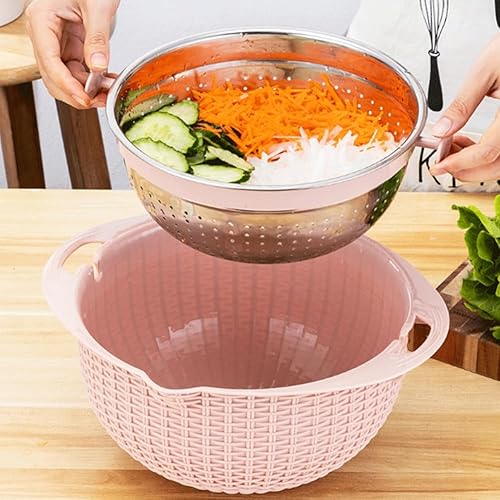 Miniatura 4 de Juego de tazones de colador giratorio de doble capa con rebanador, colador de acero inoxidable 4 en 1, cesta de lavado de plástico, tazón para