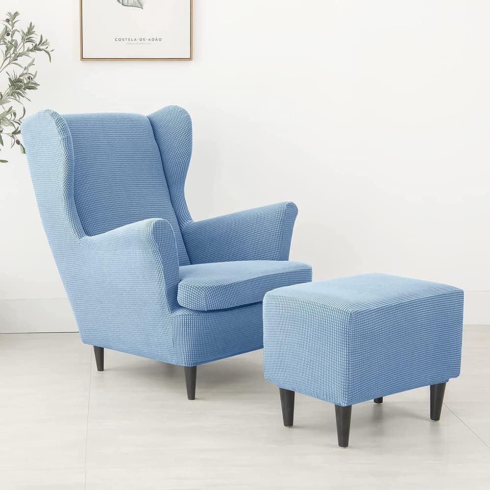 Stretch Wing Chair Cover Set, 2 Piece Wing Chair Slipcover with Matching Ottoman Cover, Wingback Chair Slipcover Footstool Protector Covers for Living Room (Light Blue)