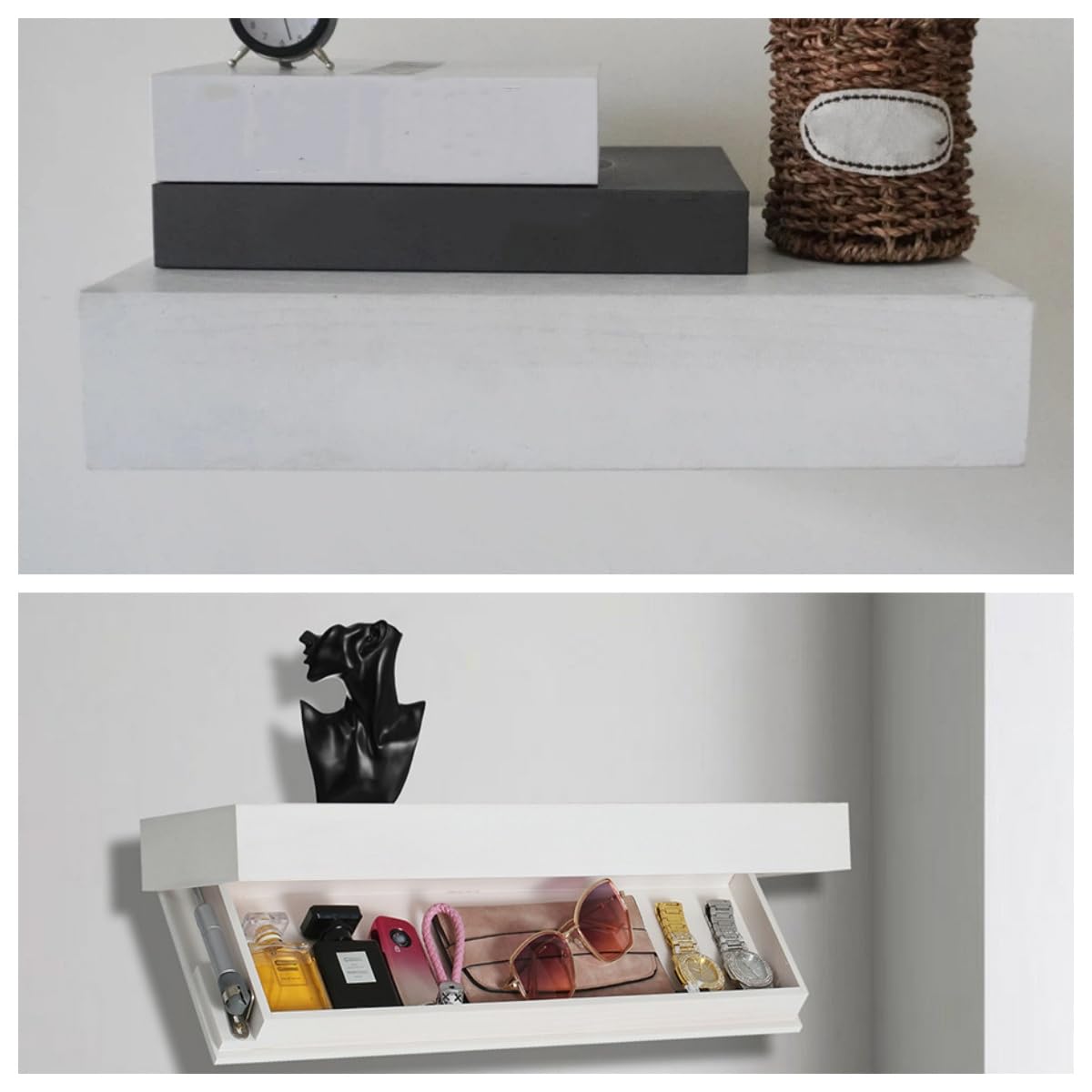 Caja fuerte flotante oculta para armas, estante con compartimentos secretos, almacenamiento montado en pared