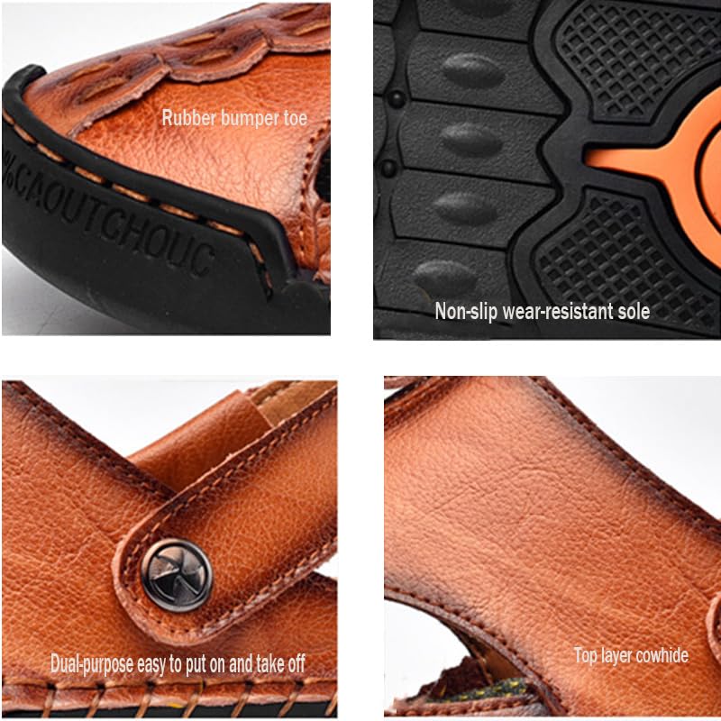 RiceelSor Mens Closed Toe Leather Handmade Sandals Adjustable Heel Strap Slip on Large Size SummerBreathable Comfortable Lightweight Beach Outdoor Fisherman Slippers3